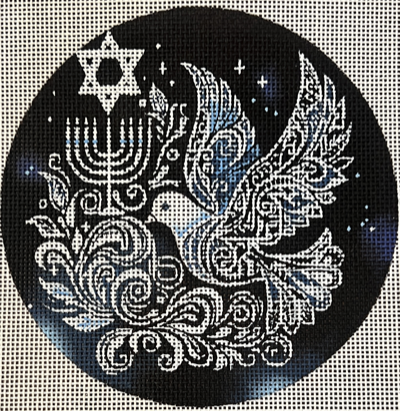 MIN JU6-18 JERUSALEM LARGE BLACK ROUND with DOVE by Mindy Needlepoint