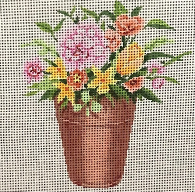 ASIT 466-18 PINK AND YELLOW FLOWERS in POT by A Stitch in Time