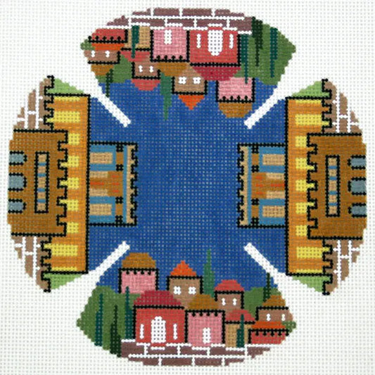 LEEJ210 COLORFUL JERUSALEM with DARK BLUE CENTER YARMULKE KEPAH by Lee's Needlearts