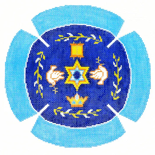LeeJ190 BLUE STAR DOVES CROWN AND TORAH YARMULKE KEPAH by Lee's Needlearts