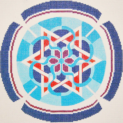 LeeJ224 BLUE SWIRLS ORANGE STAR YARMULKE KEPAH by Lee's Needlearts