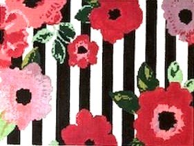 VL 415 POPPIES ON BLACK AND WHITE STRIPE BAG or PILLOW by Voila Needlepoint