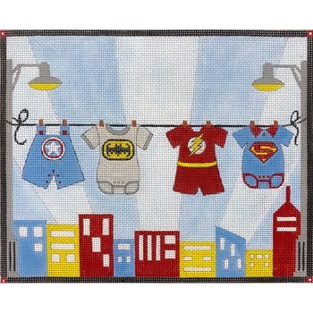 BOYS SUPERHERO CLOTHESLINE BIRTH ANNOUNCEMENT  STITCH GUIDE AP3775sg