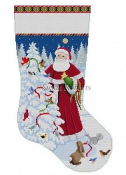 SR3201 SANTA STOCKING with BIRDS DECORATING TREE by Susan Roberts