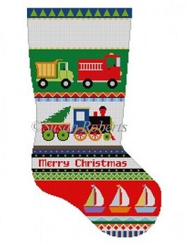 SR3234 BOLD STRIPE TRUCKS TRAIN BOATS STOCKING by Susan Roberts